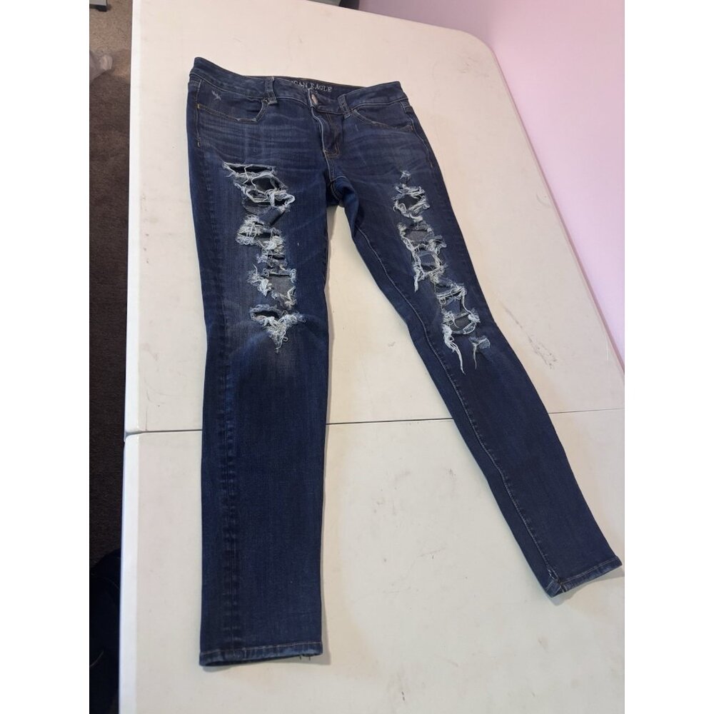 American Eagle Jeggings Ripped Distressed Dark Wash Stretch Jeans Size 8